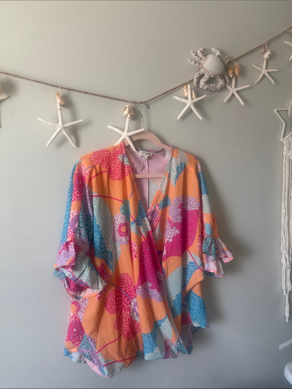 Umgee Orange Floral Wrap Blouse with Pink & Blue Accents
